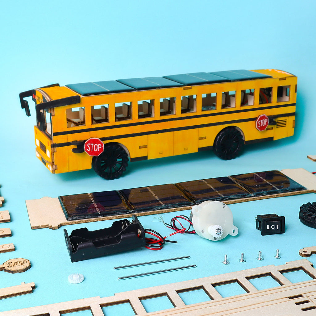 Dual Power School Bus STEM Kit – Build, Paint & Personalize | Battery + Solar Powered